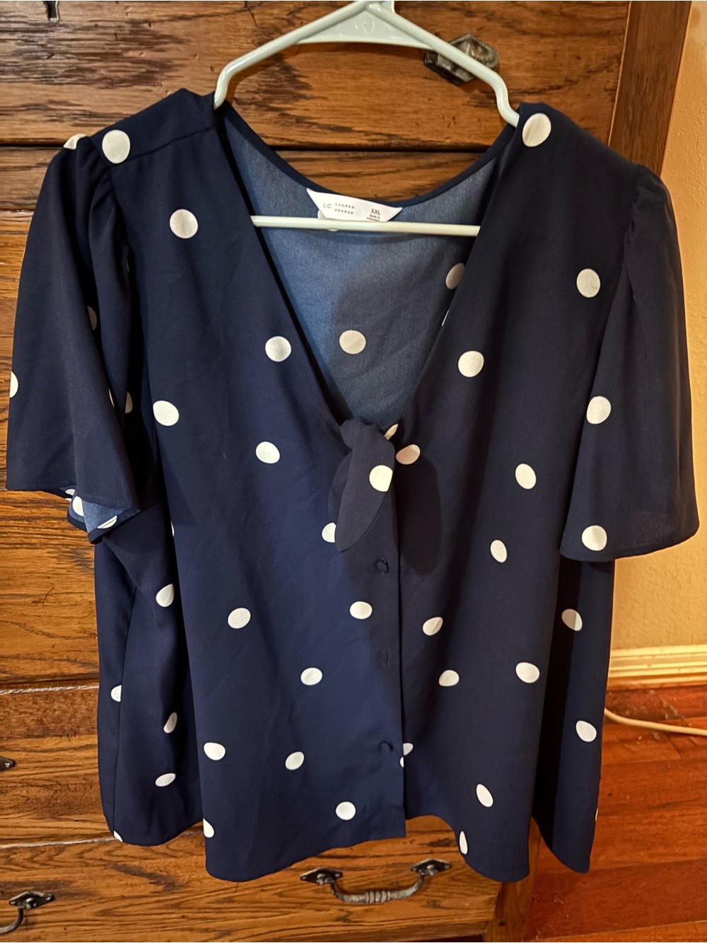 LC Lauren Conrad Navy Polka Dot Tie-Front Blouse